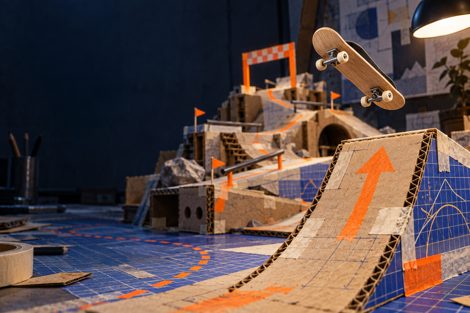 An original cardboard fingerboard course with a board launching from a ramp
